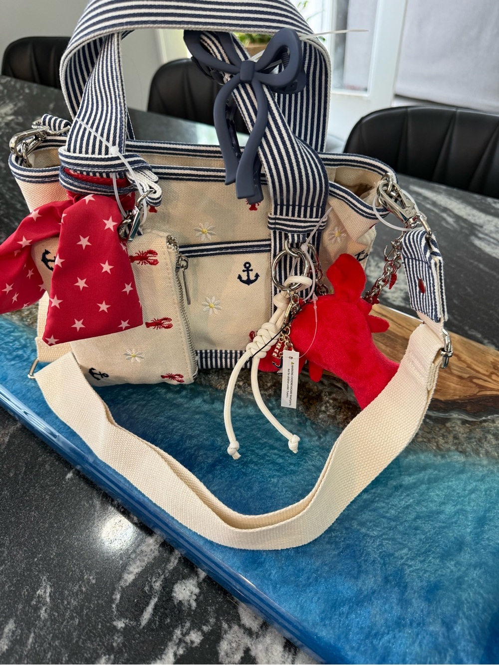 Adorable Nautical Canvas Handbag/Crossbody Bag with Red Lobster & Charms - Picture 3 of 10